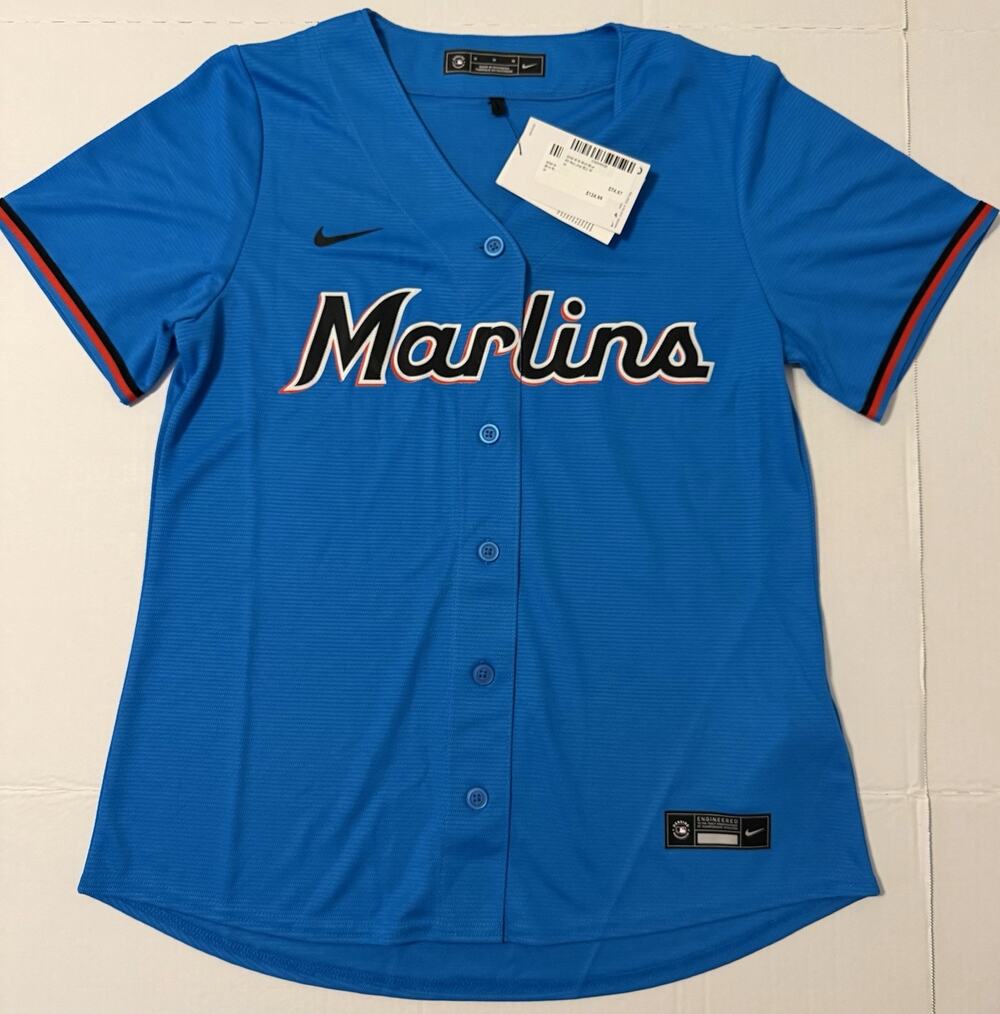 Nike Miami Marlins Button-Up Jersey in Bright Blue Men’s Size Medium NWT NEW